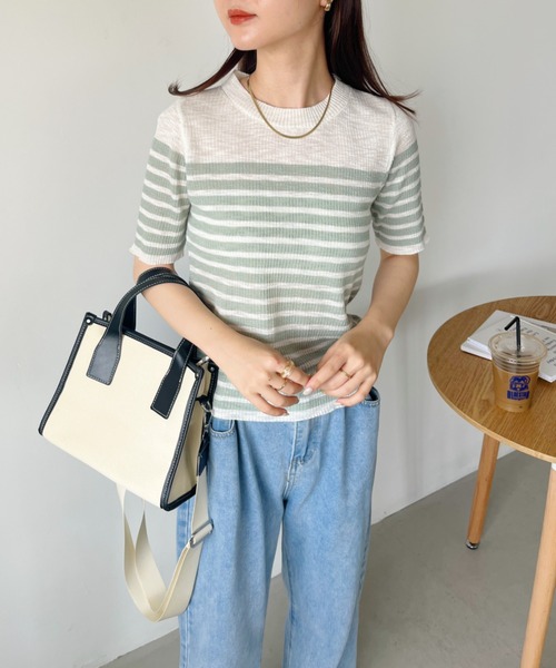 CLEA（クレア）の「シアーボーダー半袖トップス（Tシャツ/カットソー・レディース・ピンク/レッド/ブラウン/ブラック/グレー・FREE）」の12枚目の写真