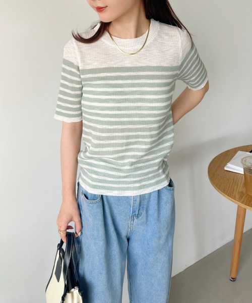 CLEA（クレア）の「シアーボーダー半袖トップス（Tシャツ/カットソー・レディース・ピンク/レッド/ブラウン/ブラック/グレー・FREE）」の11枚目の写真
