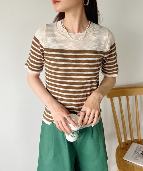 CLEA（クレア）の「シアーボーダー半袖トップス（Tシャツ/カットソー・レディース・ピンク/レッド/ブラウン/ブラック/グレー・FREE）」の16枚目の写真