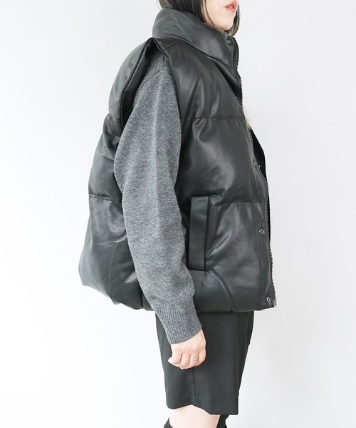 オーバーサイズ ハイネック ユニセックス フェイクダウンベスト