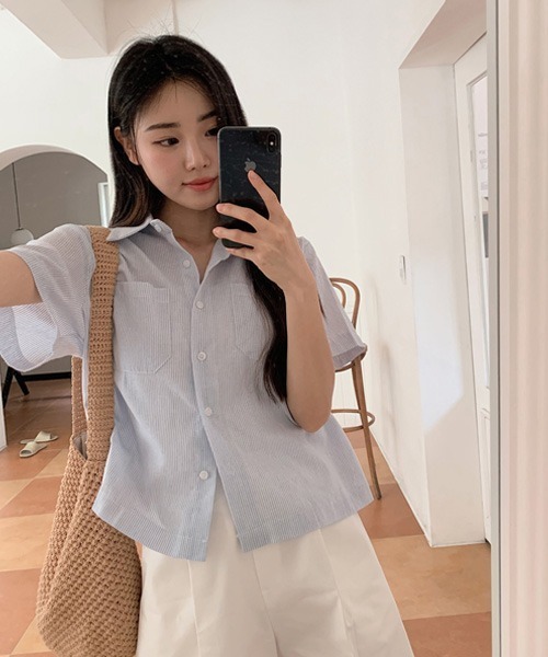 SHOPPERLAND（ショッパーランド）の「SHOPPERLAND クラシックストライプ半袖シャツ（シャツ/ブラウス・レディース・スカイブルー/グリーン・FREE）」の14枚目の写真