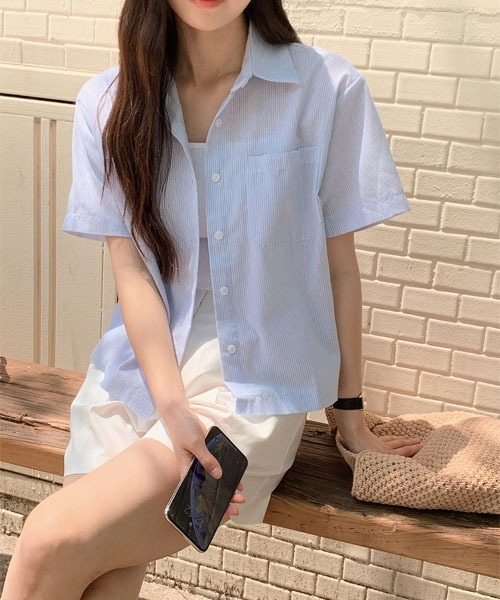 SHOPPERLAND（ショッパーランド）の「SHOPPERLAND クラシックストライプ半袖シャツ（シャツ/ブラウス・レディース・スカイブルー/グリーン・FREE）」の9枚目の写真
