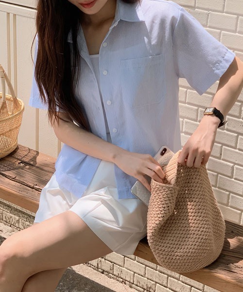 SHOPPERLAND（ショッパーランド）の「SHOPPERLAND クラシックストライプ半袖シャツ（シャツ/ブラウス・レディース・スカイブルー/グリーン・FREE）」の10枚目の写真