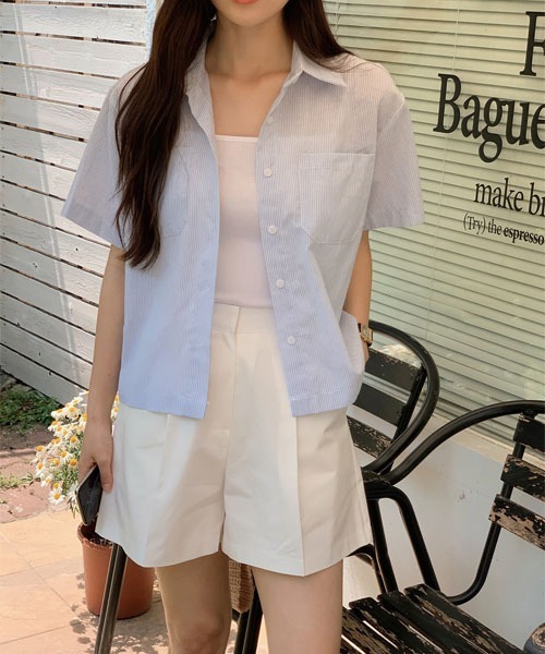 SHOPPERLAND（ショッパーランド）の「SHOPPERLAND クラシックストライプ半袖シャツ（シャツ/ブラウス・レディース・スカイブルー/グリーン・FREE）」の12枚目の写真