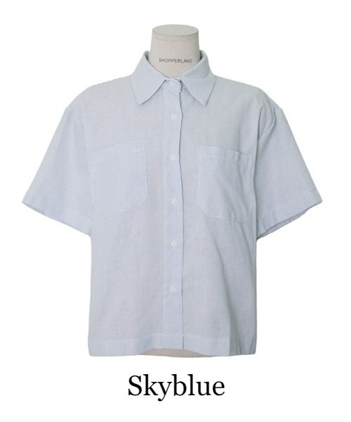 SHOPPERLAND（ショッパーランド）の「SHOPPERLAND クラシックストライプ半袖シャツ（シャツ/ブラウス・レディース・スカイブルー/グリーン・FREE）」の5枚目の写真