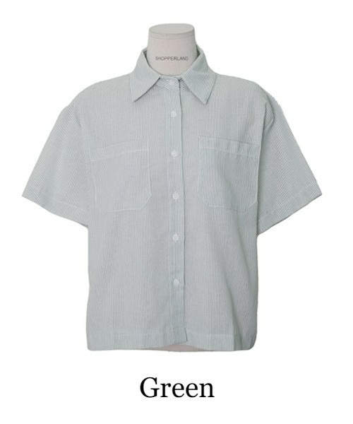 SHOPPERLAND（ショッパーランド）の「SHOPPERLAND クラシックストライプ半袖シャツ（シャツ/ブラウス・レディース・スカイブルー/グリーン・FREE）」の7枚目の写真