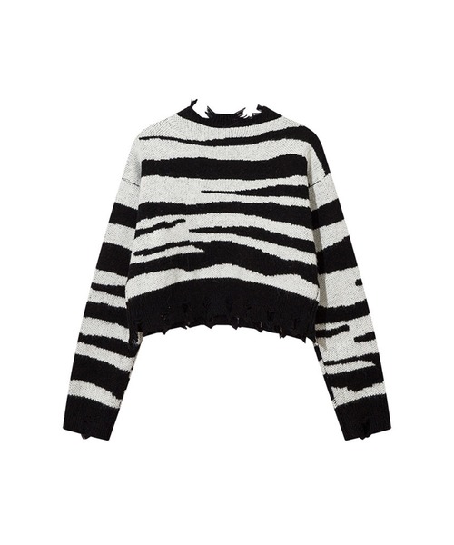 HOOK(フック)の「【HOOK】for girls ゼブラ模様ニット ショット丈(ニット/セーター・レディース・ホワイト/ピンク・S/L/M)」の3枚目の写真