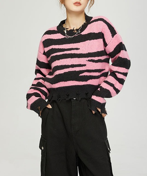 HOOK(フック)の「【HOOK】for girls ゼブラ模様ニット ショット丈(ニット/セーター・レディース・ホワイト/ピンク・S/L/M)」の7枚目の写真