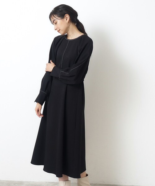 OPAQUE.CLIP（オペークドットクリップ）の「◆配色ステッチ フィット＆フレアワンピース【洗濯機洗い可】（ワンピース・レディース・サンドベージュ/ブラック/オフホワイト・36/38）」の12枚目の写真