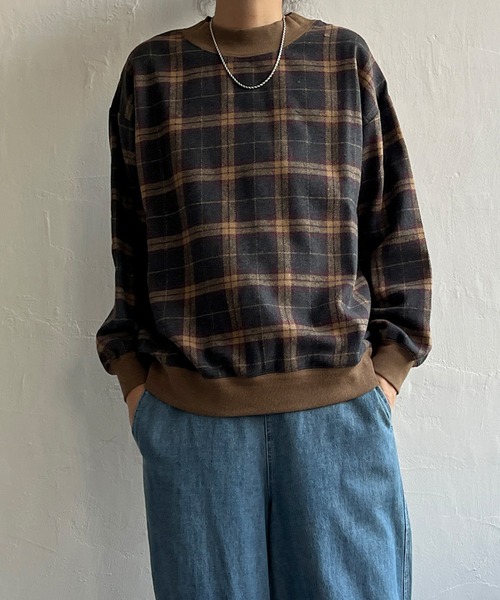 LBC(エルビーシー)の「チェック切り替えリブプルオーバー(スウェット・レディース・グリーン/ネイビー/ベージュ・M)」の1枚目の写真