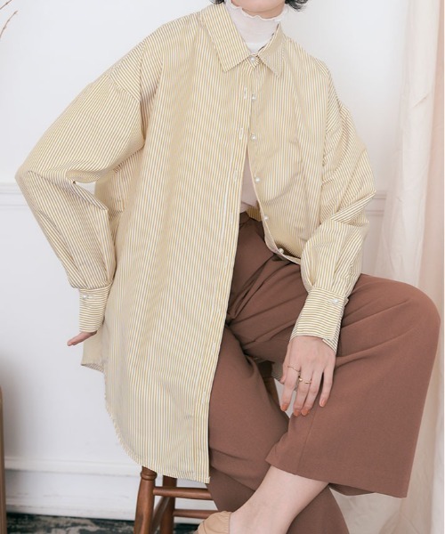 kirakiraShop（キラキラショップ）の「パール ボタン ストライプ シャツ（シャツ/ブラウス・レディース・ネイビー/ベージュ/レッド/グリーン・FREE）」の12枚目の写真