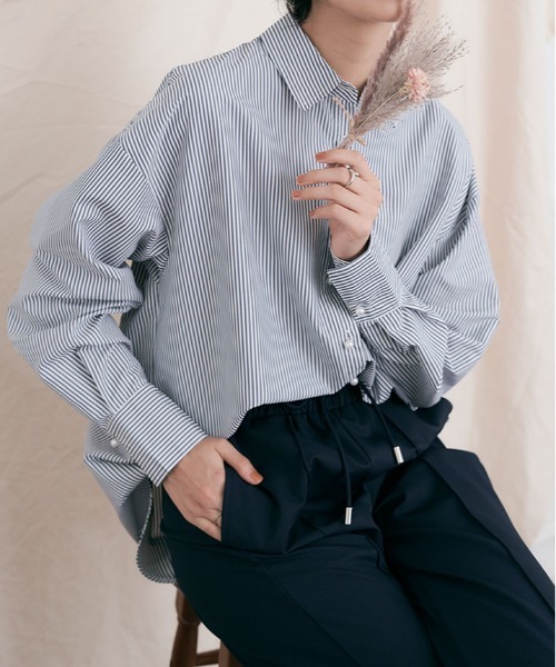 kirakiraShop（キラキラショップ）の「パール ボタン ストライプ シャツ（シャツ/ブラウス・レディース・ネイビー/ベージュ/レッド/グリーン・FREE）」の15枚目の写真