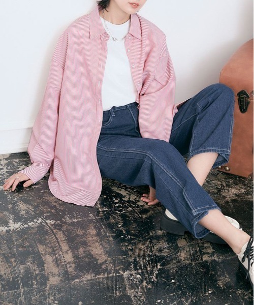 kirakiraShop（キラキラショップ）の「パール ボタン ストライプ シャツ（シャツ/ブラウス・レディース・ネイビー/ベージュ/レッド/グリーン・FREE）」の17枚目の写真