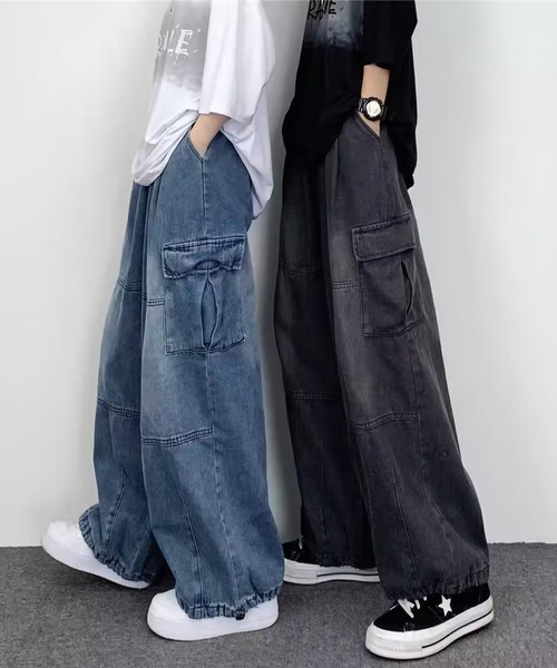 セール】ワイド デニムカーゴパンツ ビンテージウォッシュ 裾