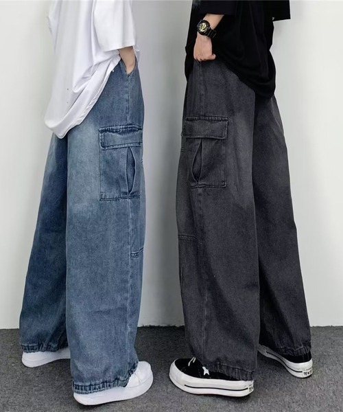 ワイド デニム カーゴパンツ ドローコード 配色 韓国 2色 hr9674 ワイド デニム カーゴパンツ ドローコード 配色 韓国 2色 hr9674