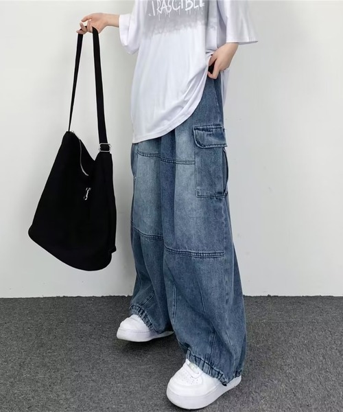セール】ワイド デニムカーゴパンツ ビンテージウォッシュ 裾