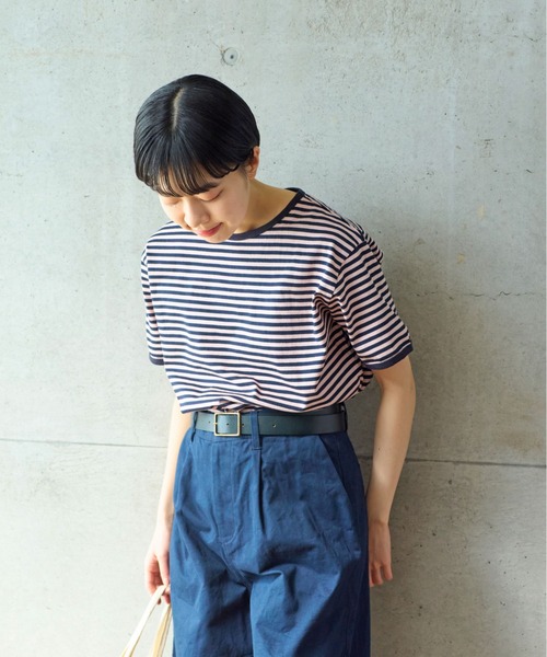 PAR ICI（パーリッシィ）の「ボーダー配色バインダー 半袖Tシャツ（Tシャツ/カットソー・レディース・グリーン/サックスブルー/ピンク系その他/ブラック/オレンジ/イエロー/ライトブルー/カーキ/マスタード/ダークブラウン/グリーン系その他/ピンク系その他2・FREE）」の10枚目の写真