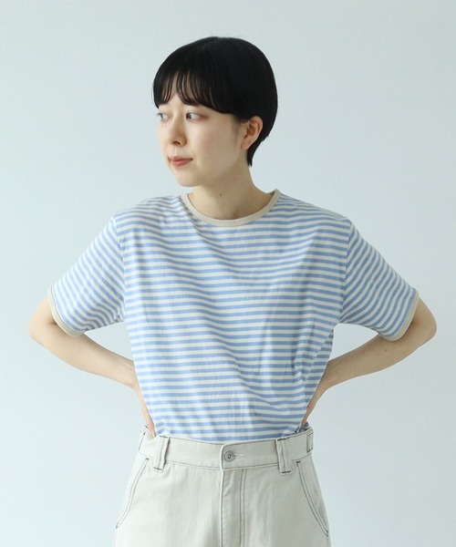 PAR ICI（パーリッシィ）の「ボーダー配色バインダー 半袖Tシャツ（Tシャツ/カットソー・レディース・グリーン/サックスブルー/ピンク系その他/ブラック/オレンジ/イエロー/ライトブルー/カーキ/マスタード/ダークブラウン/グリーン系その他/ピンク系その他2・FREE）」の6枚目の写真