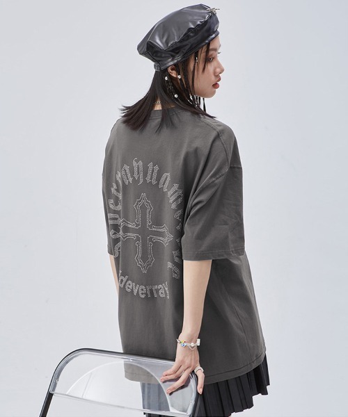 オーバーサイズ ラインストーンクロスモチーフロゴTシャツ（T