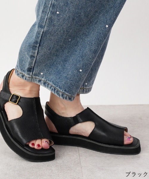 ブラックレザーオープントゥサンダル セール】hocco/ﾎｯｺ 甲深 レザーオープントゥサンダル（サンダル
