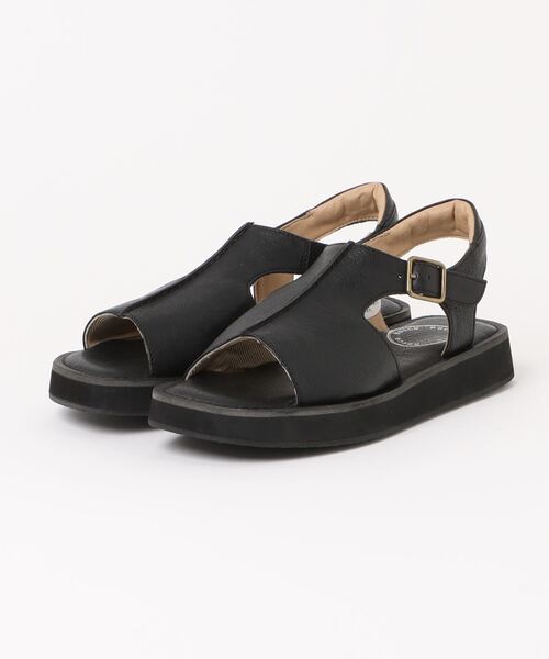 ブラックレザーオープントゥサンダル セール】hocco/ﾎｯｺ 甲深 レザーオープントゥサンダル（サンダル