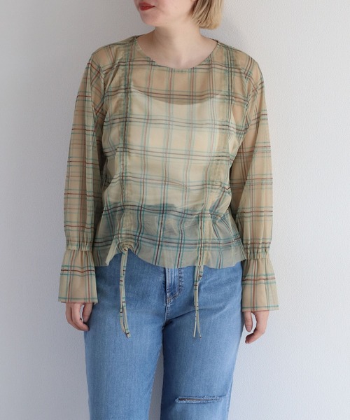 cepo（セポ）の「シャーリンングリボンチュールトップス（Tシャツ/カットソー・レディース・ブルー/ベージュ・M）」の2枚目の写真