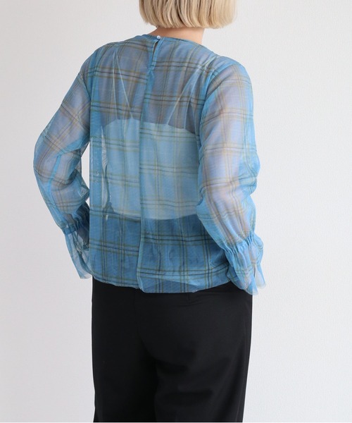 cepo（セポ）の「シャーリンングリボンチュールトップス（Tシャツ/カットソー・レディース・ブルー/ベージュ・M）」の4枚目の写真