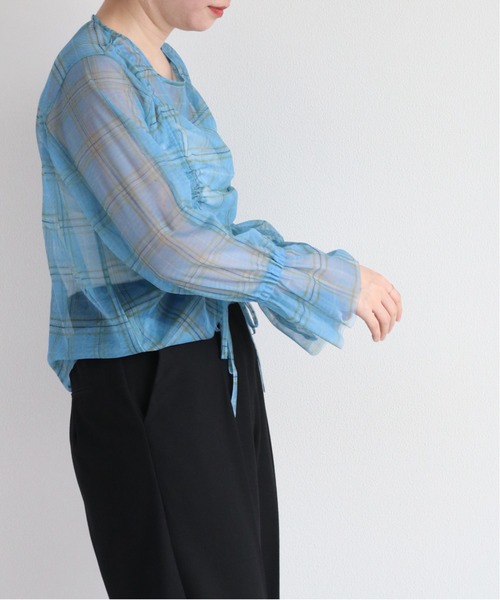 cepo（セポ）の「シャーリンングリボンチュールトップス（Tシャツ/カットソー・レディース・ブルー/ベージュ・M）」の3枚目の写真