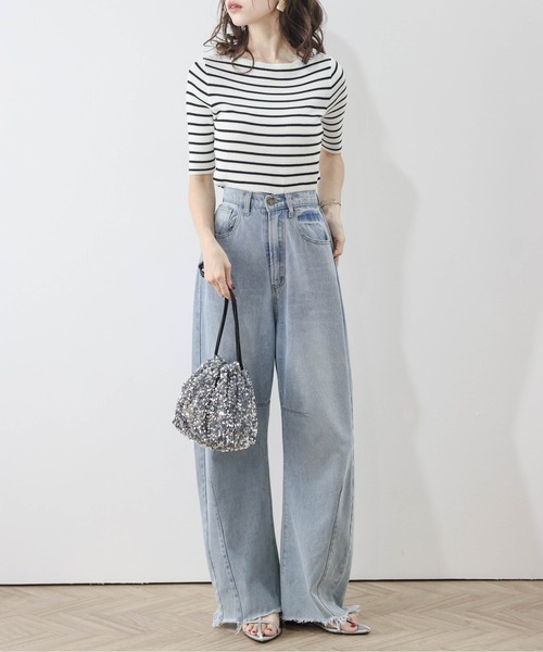 SUGAR BISKET（シュガービスケット）の「五分袖サマーリブニット（Tシャツ/カットソー・レディース・イエロー/ラベンダー/ホワイト/ブラック/ホワイト×ブラック・フリー）」の16枚目の写真