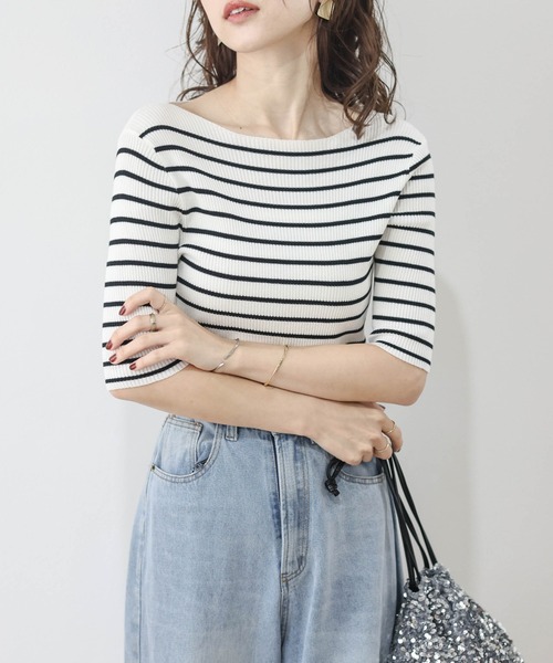 SUGAR BISKET（シュガービスケット）の「五分袖サマーリブニット（Tシャツ/カットソー・レディース・イエロー/ラベンダー/ホワイト/ブラック/ホワイト×ブラック・フリー）」の14枚目の写真