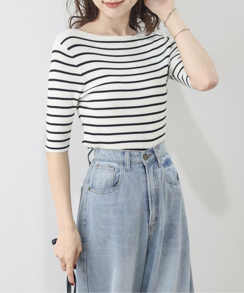 SUGAR BISKET（シュガービスケット）の「五分袖サマーリブニット（Tシャツ/カットソー・レディース・イエロー/ラベンダー/ホワイト/ブラック/ホワイト×ブラック・フリー）」の17枚目の写真