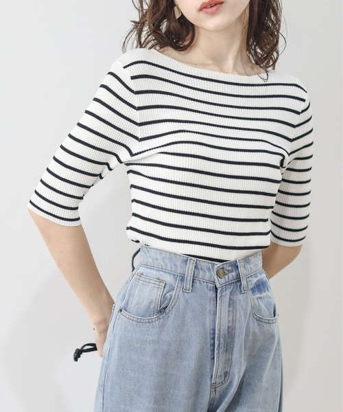 SUGAR BISKET（シュガービスケット）の「五分袖サマーリブニット（Tシャツ/カットソー・レディース・イエロー/ラベンダー/ホワイト/ブラック/ホワイト×ブラック・フリー）」の18枚目の写真