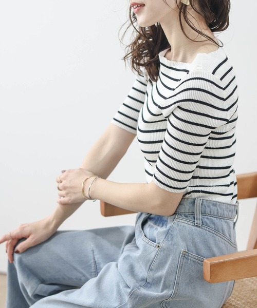 SUGAR BISKET（シュガービスケット）の「五分袖サマーリブニット（Tシャツ/カットソー・レディース・イエロー/ラベンダー/ホワイト/ブラック/ホワイト×ブラック・フリー）」の19枚目の写真