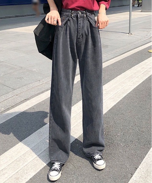 nagonstans☆赤ステッチ☆タック入り☆ハイウエスト☆カーヴィデニムパンツ ハイウエストGYDIESセルビッチワイドデニムパンツ[品番