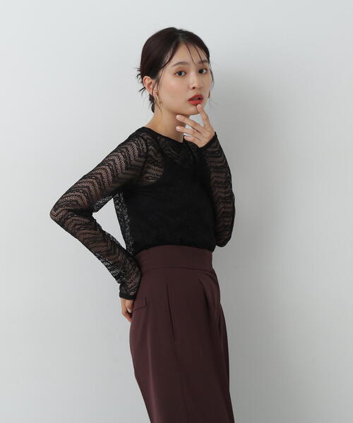 N.（N. Natural Beauty Basic）（エヌエヌナチュラルビューティーベーシック）の「◆シアーレースカットソー（Tシャツ/カットソー・レディース・ブラック/オフホワイト/グレー・MEDIUM）」の6枚目の写真