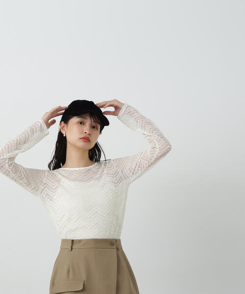 N.（N. Natural Beauty Basic）（エヌエヌナチュラルビューティーベーシック）の「◆シアーレースカットソー（Tシャツ/カットソー・レディース・ブラック/オフホワイト/グレー・MEDIUM）」の12枚目の写真