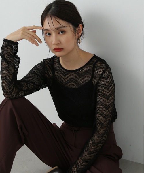 N.（N. Natural Beauty Basic）（エヌエヌナチュラルビューティーベーシック）の「◆シアーレースカットソー（Tシャツ/カットソー・レディース・ブラック/オフホワイト/グレー・MEDIUM）」の2枚目の写真