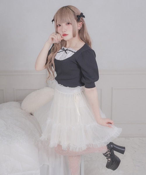 favclo.(ファブクロ)の「tulle ribbon mini skirt / チュールリボンミニスカート(スカート・レディース・ピンク/ブラック/ホワイト・FREE)」の6枚目の写真