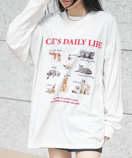 JOHN'S CLOSET（ジョンズクローゼット）の「【13】アニマルプリント ロングスリーブTシャツ 犬/猫（Tシャツ/カットソー・レディース・ブラック/ホワイト/ホワイト系その他・MEDIUM/LARGE）」の2枚目の写真