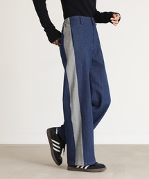 スウェット×デニムワイドパンツ