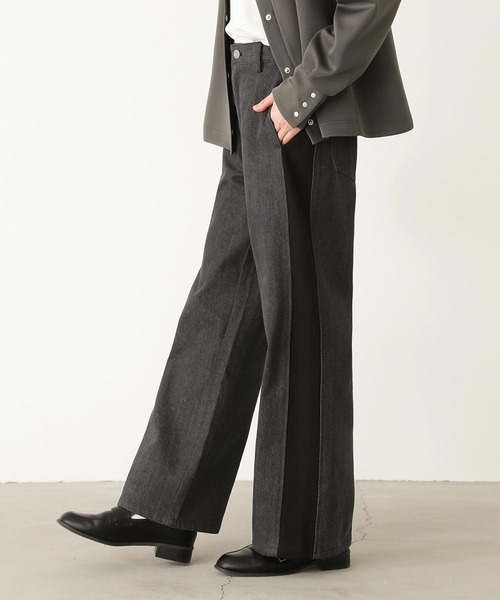 n'OrLABEL(ノアールレーベル)の「スウェット×デニムワイドパンツ(デニムパンツ・レディース・ブラック/インディゴブルー・1/2)」の2枚目の写真