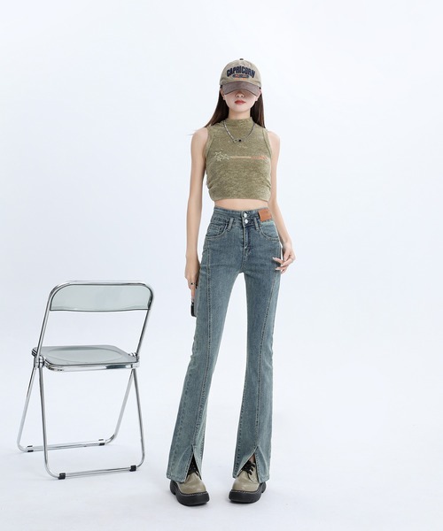 aimoha（アイモハ）の「【Aimoha】スリットマイクロフレアジーンズ（デニムパンツ・レディース・ブラック/ライトブルー/ブルー・LARGE/MEDIUM/SMALL）」の5枚目の写真