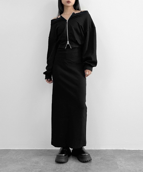 LVEU.(ラブユ.)の「【LVEU.】ダブルジップオフショルスウェット / トップス スウェット ストレッチ ダブルジップ オフショルダー 羽織 長袖 ブラック ホワイト(スウェット・レディース・ブラック/ホワイト・FREE)」の3枚目の写真