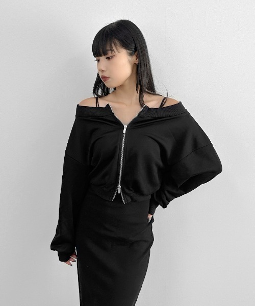 LVEU.(ラブユ.)の「【LVEU.】ダブルジップオフショルスウェット / トップス スウェット ストレッチ ダブルジップ オフショルダー 羽織 長袖 ブラック ホワイト(スウェット・レディース・ブラック/ホワイト・FREE)」の6枚目の写真
