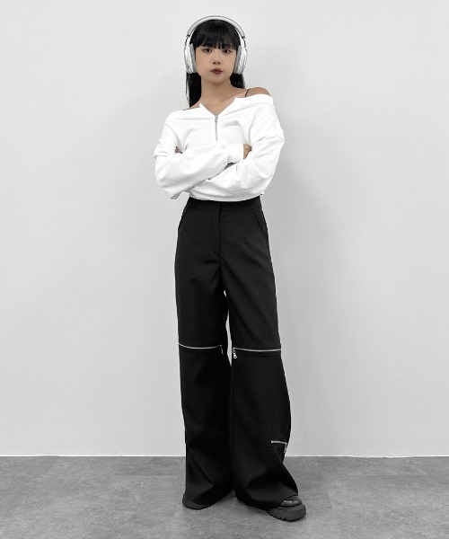 LVEU.(ラブユ.)の「【LVEU.】ダブルジップオフショルスウェット / トップス スウェット ストレッチ ダブルジップ オフショルダー 羽織 長袖 ブラック ホワイト(スウェット・レディース・ブラック/ホワイト・FREE)」の16枚目の写真