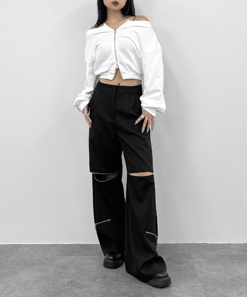 LVEU.(ラブユ.)の「【LVEU.】ダブルジップオフショルスウェット / トップス スウェット ストレッチ ダブルジップ オフショルダー 羽織 長袖 ブラック ホワイト(スウェット・レディース・ブラック/ホワイト・FREE)」の18枚目の写真
