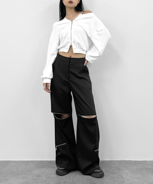 LVEU.(ラブユ.)の「【LVEU.】ダブルジップオフショルスウェット / トップス スウェット ストレッチ ダブルジップ オフショルダー 羽織 長袖 ブラック ホワイト(スウェット・レディース・ブラック/ホワイト・FREE)」の20枚目の写真