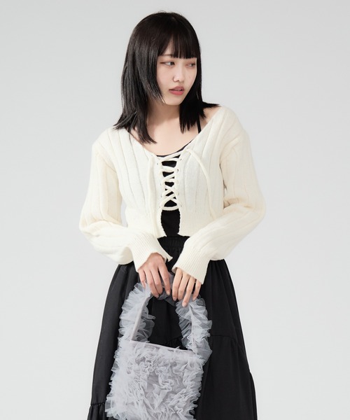 Front Ribbon Rib Cardigan / フロント編み上げリボン リブ