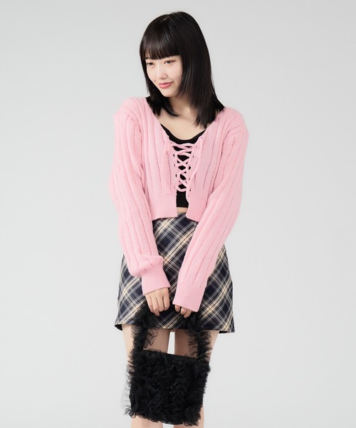 セール】Front Ribbon Rib Cardigan / フロント編み上げリボン