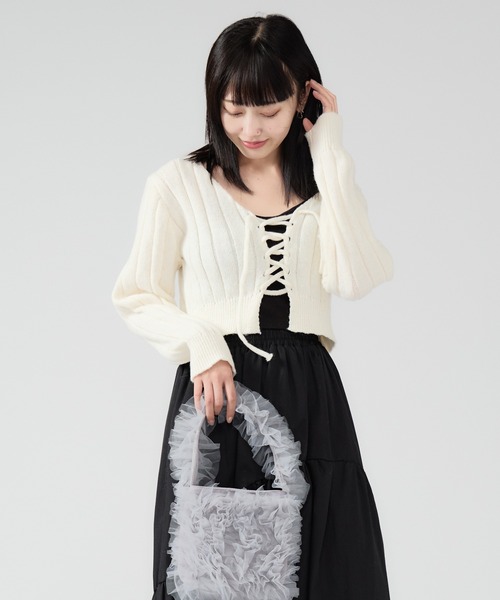 Front Ribbon Rib Cardigan / フロント編み上げリボン リブ